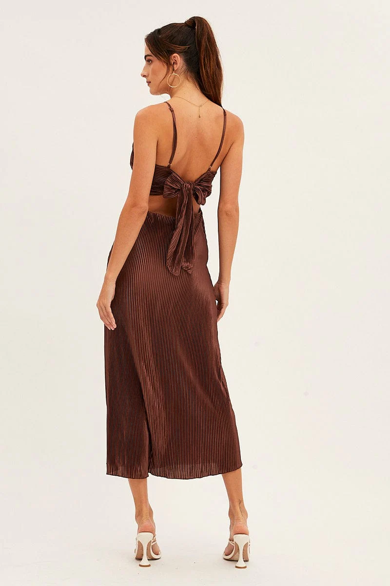 Brown Plisse Midi Dress Tie Back