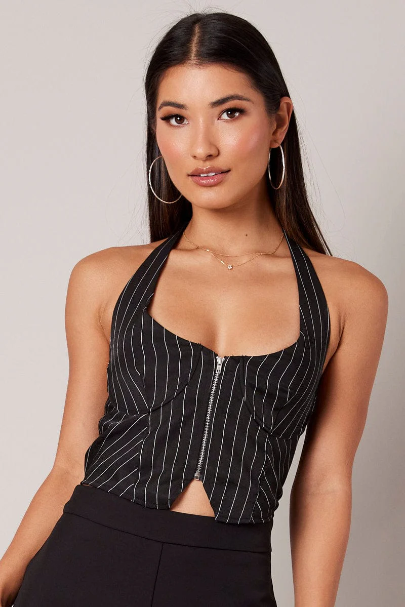 Black Stripe Halter Top Underwire Pinstripe Crop Top