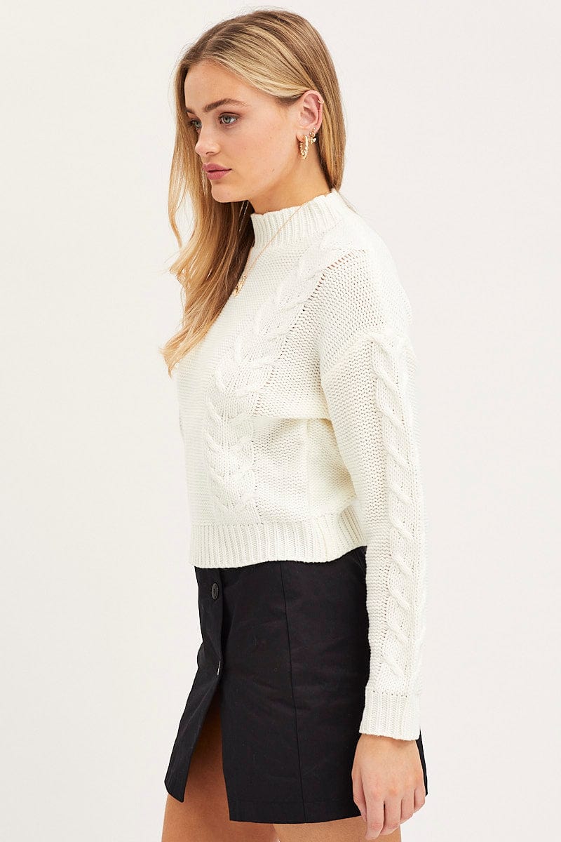 White Knit Top Long Sleeve Crop Turtleneck