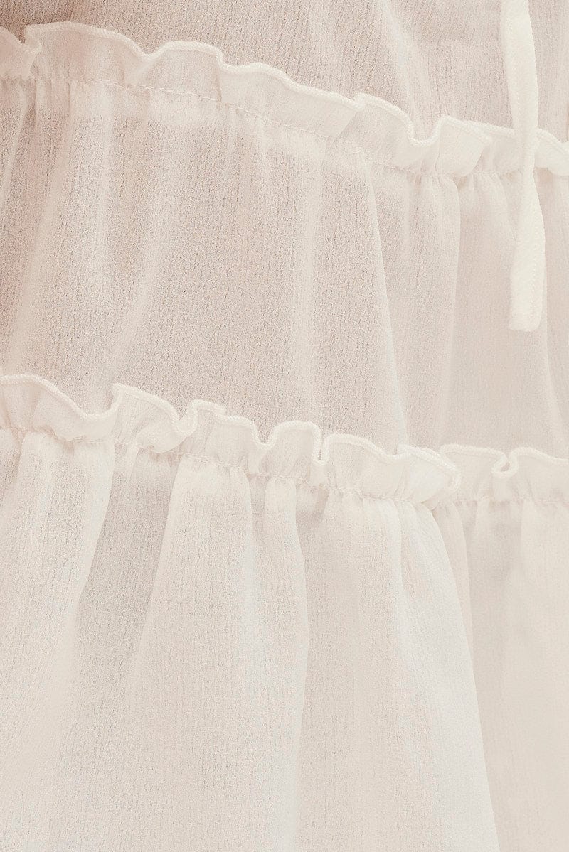 White Ruffle V Neck Puff Sleeve Tiered Top