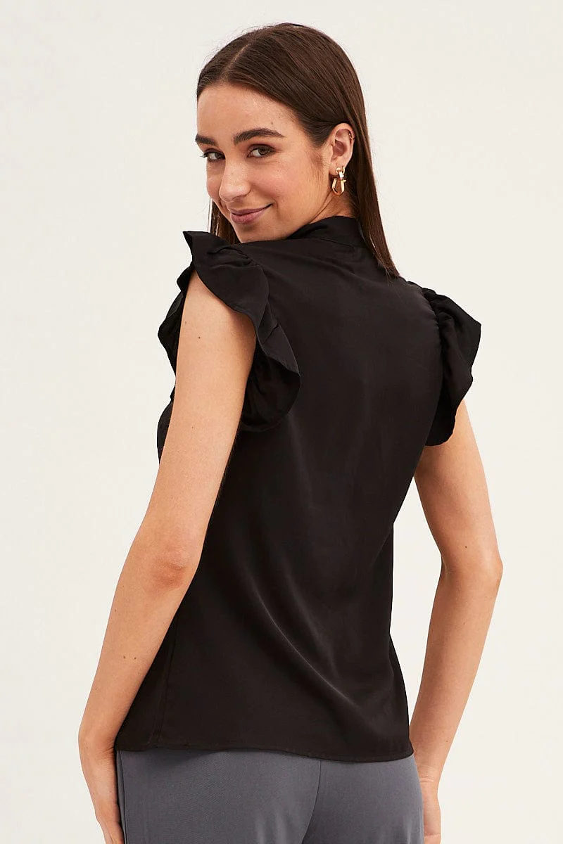 Black Tie Front Ruffle Sleeve Top