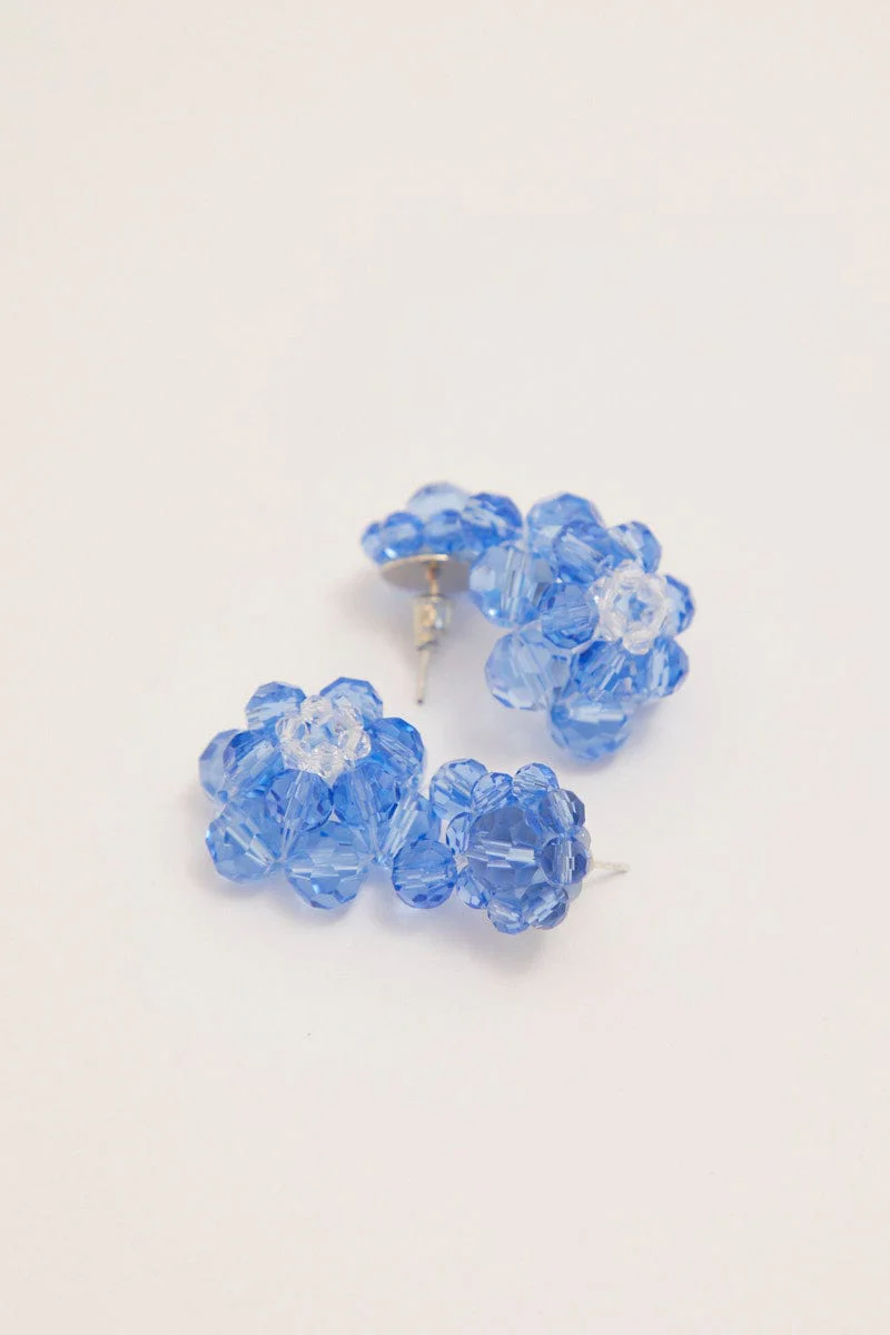 Blue Beaded Flower Earrings
