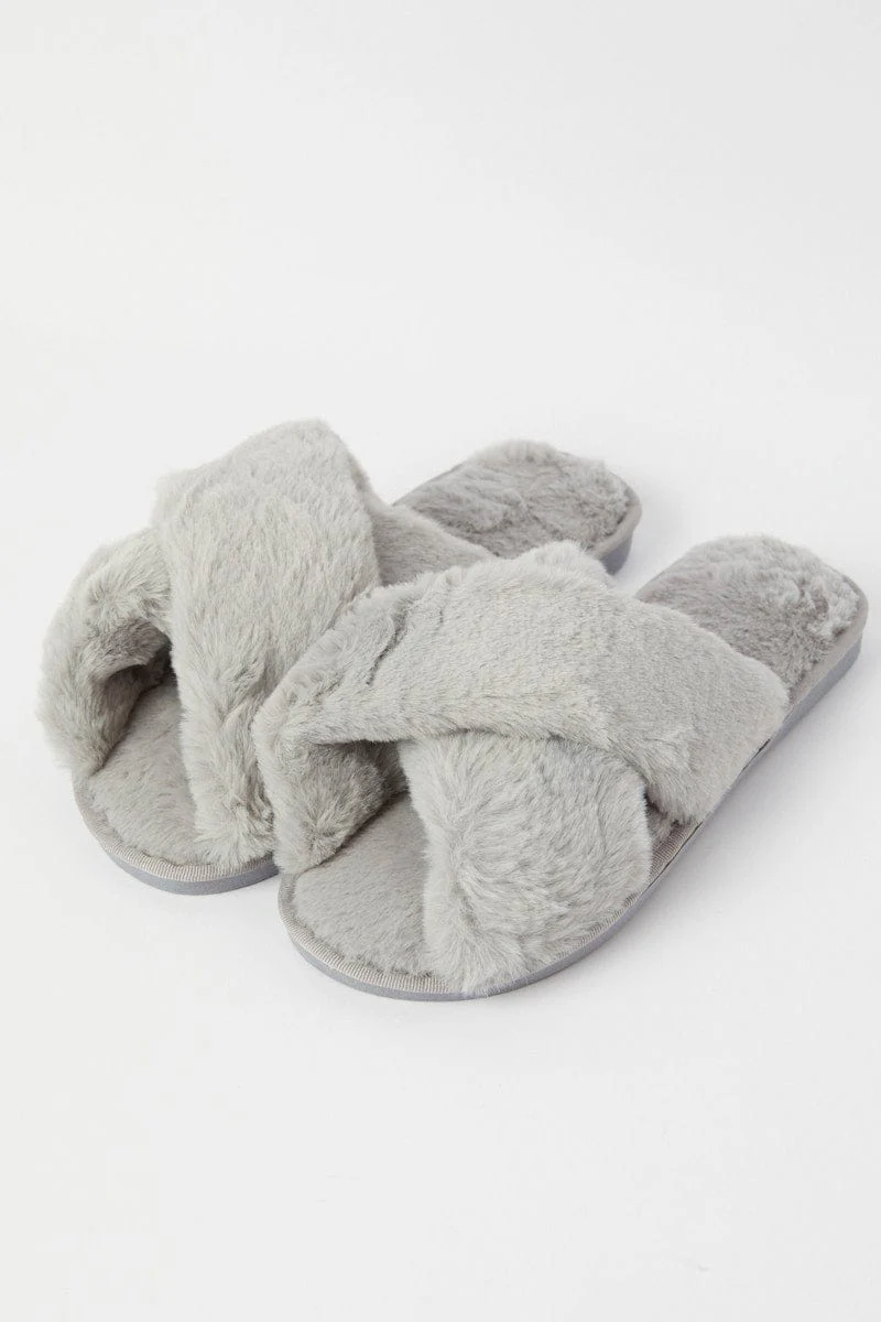 Grey Faux Fur Slippers