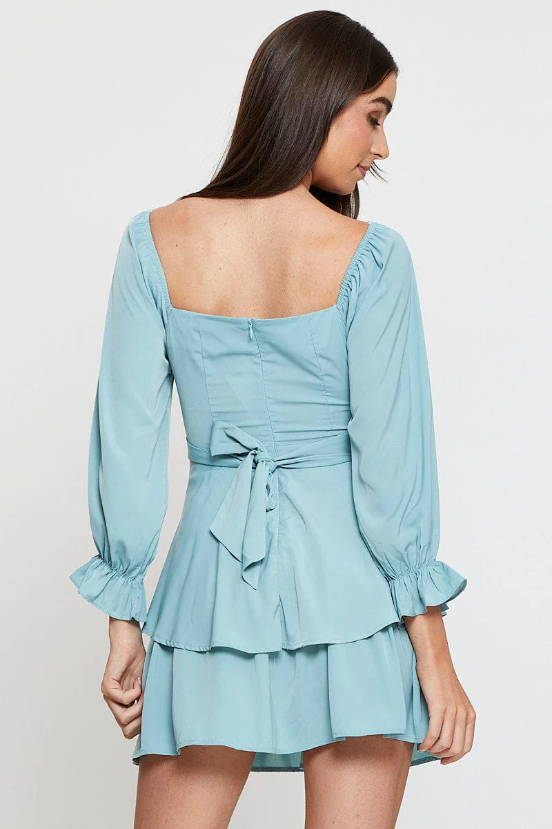 Blue Fit And Flare Dress Long Sleeve Scoop Neck