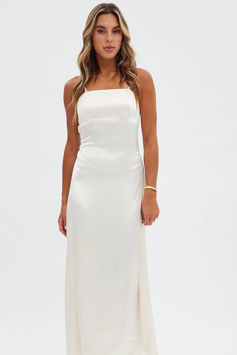 Beige Satin Straight Maxi Dress