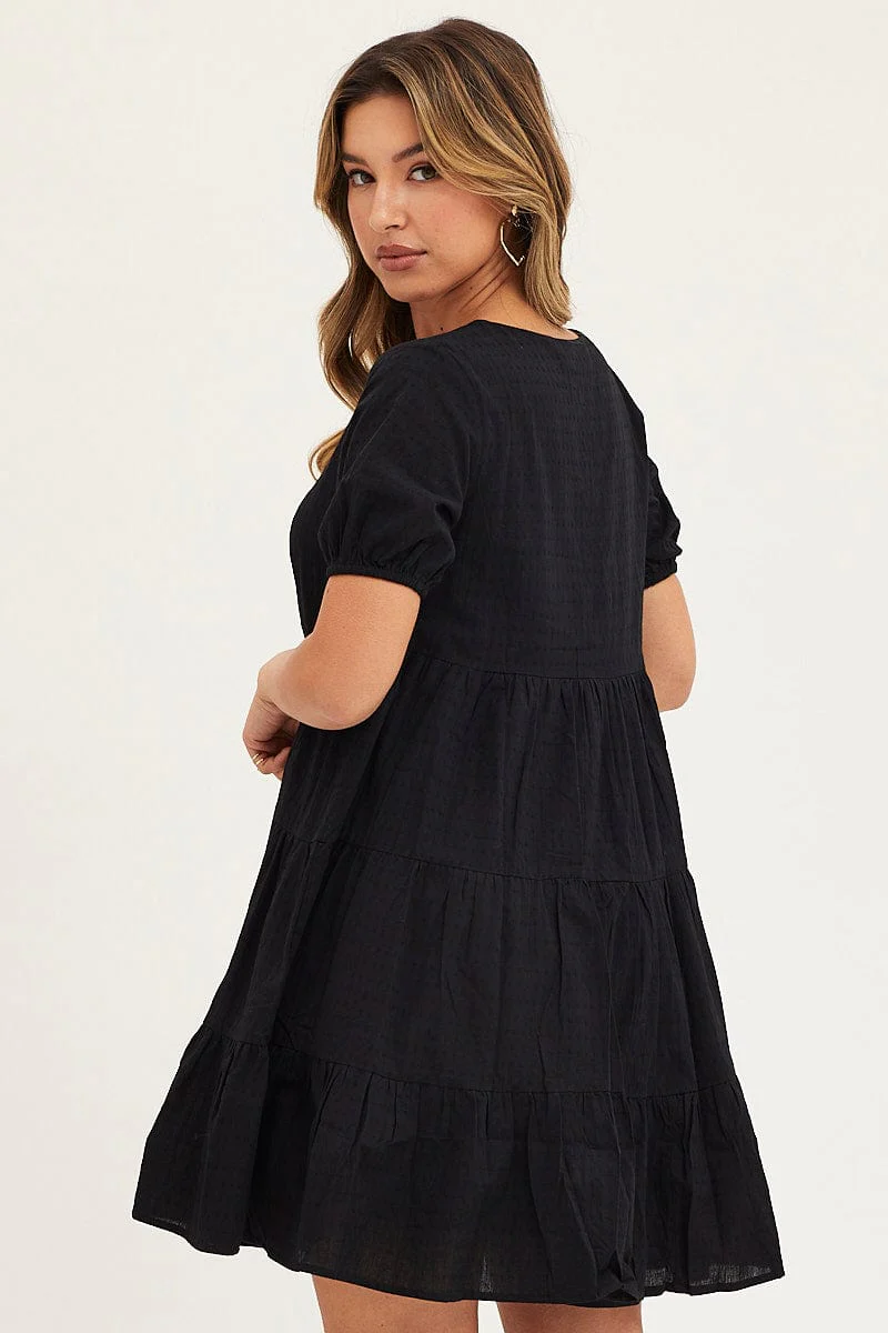 Black Tiered Dress Puff Sleeve Mini