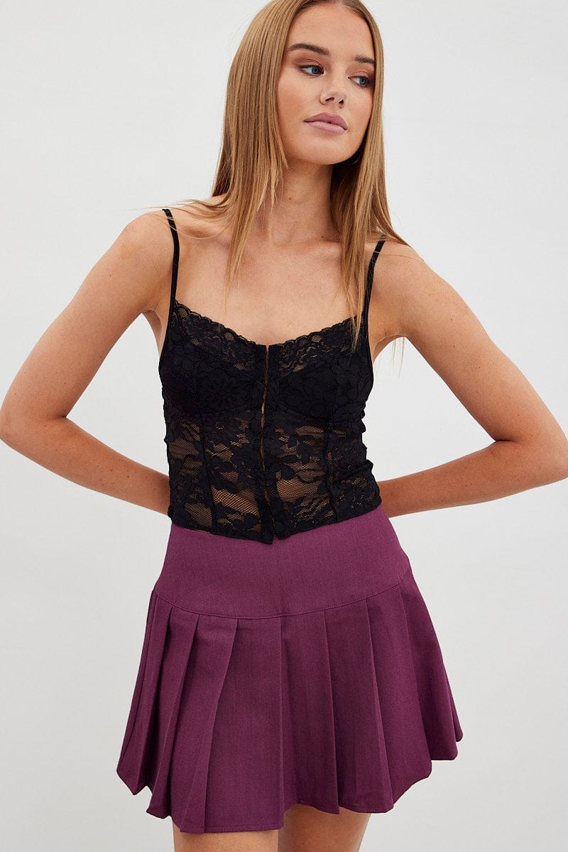 Purple Pleated Skirt Mini Mid Rise