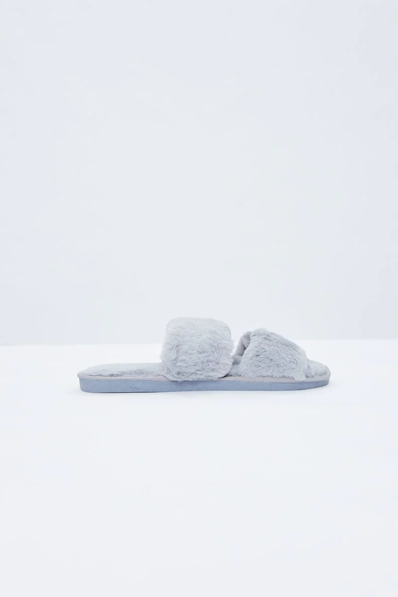 Grey Faux Fur Fluffy Slides