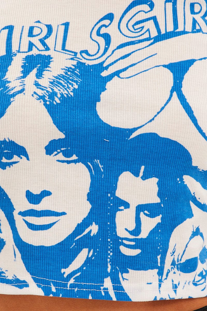 White Abstract Graphic Tank Top Crew Neck