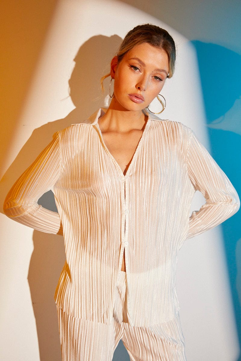 White Plisse Long Sleeve Shirt