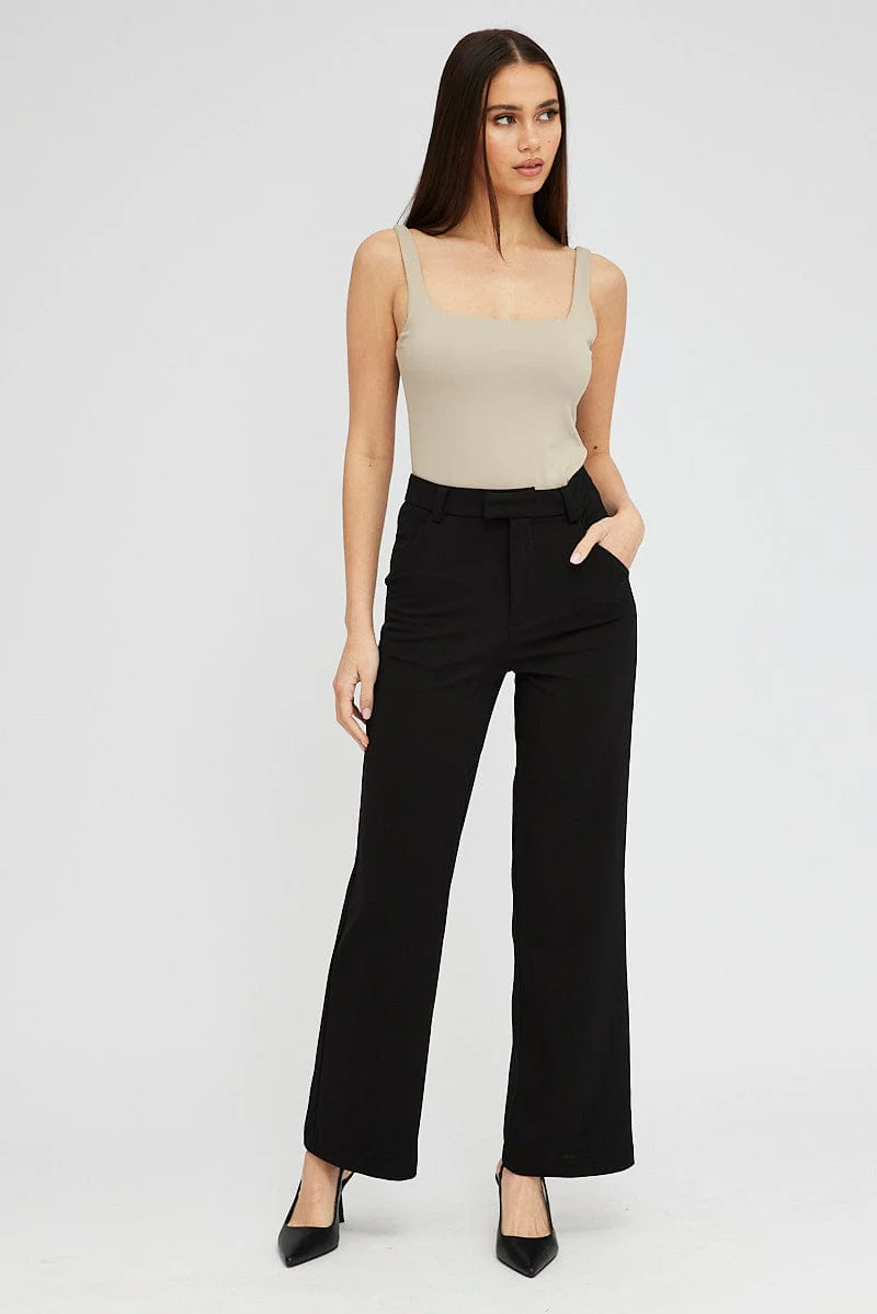 Black Straight Fit Pants High Rise Ponte
