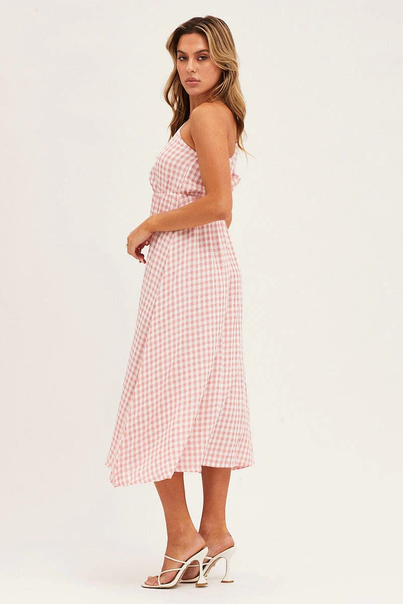 Stripe Check One Shoulder Midi Dress