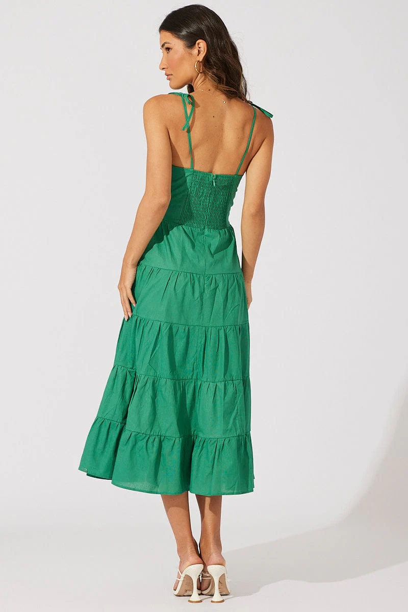 Green Midi Dress Sleeveless Tiered Twist Front
