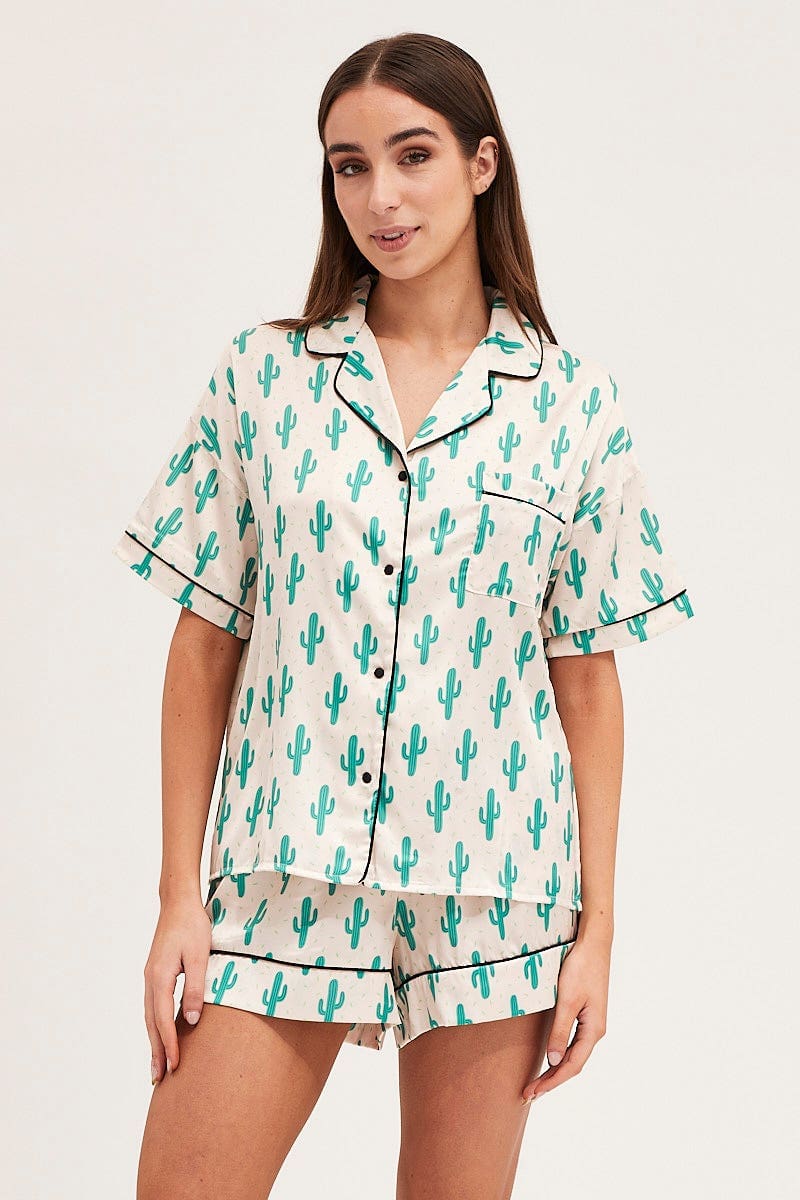 Print Short Sleeve Top & Shorts Satin Pj Set