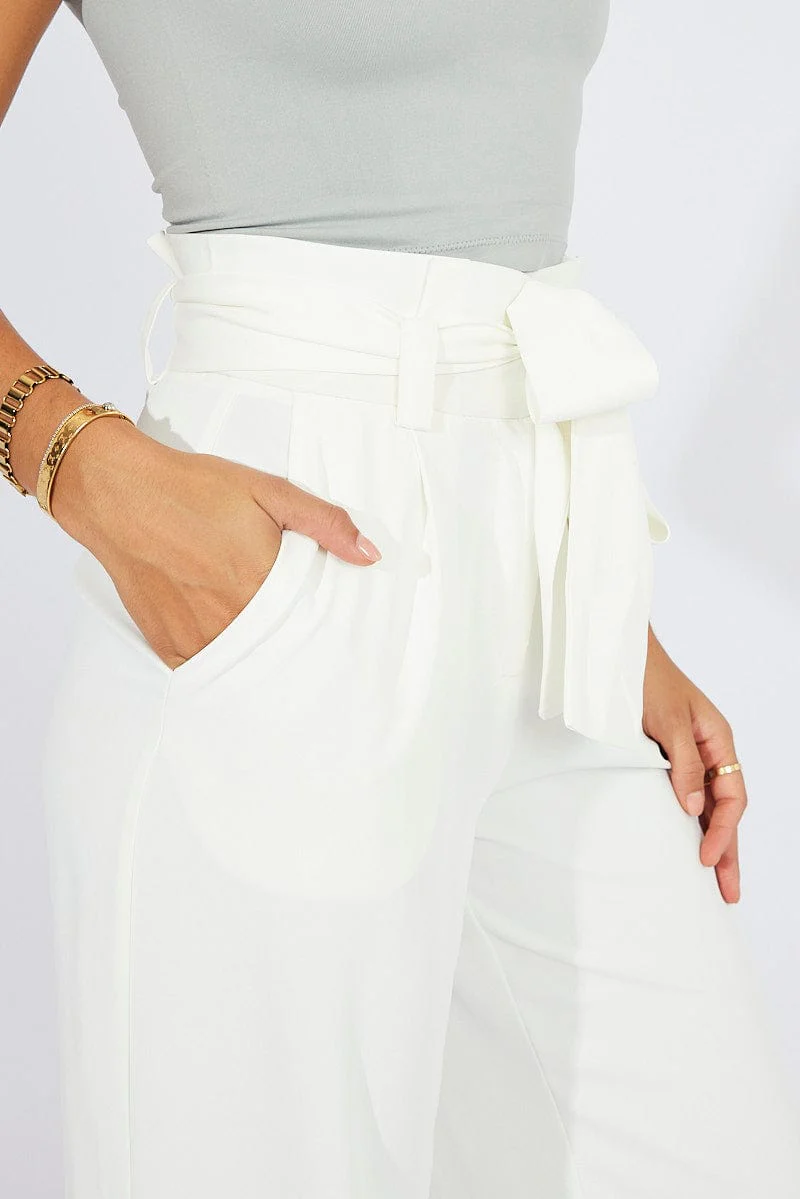 White Wide Leg Pants Paper Bag Waist