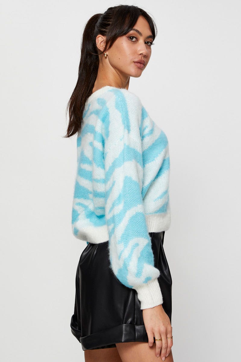 Blue Abstract Print Knit Top Long Sleeve Relaxed Round Neck