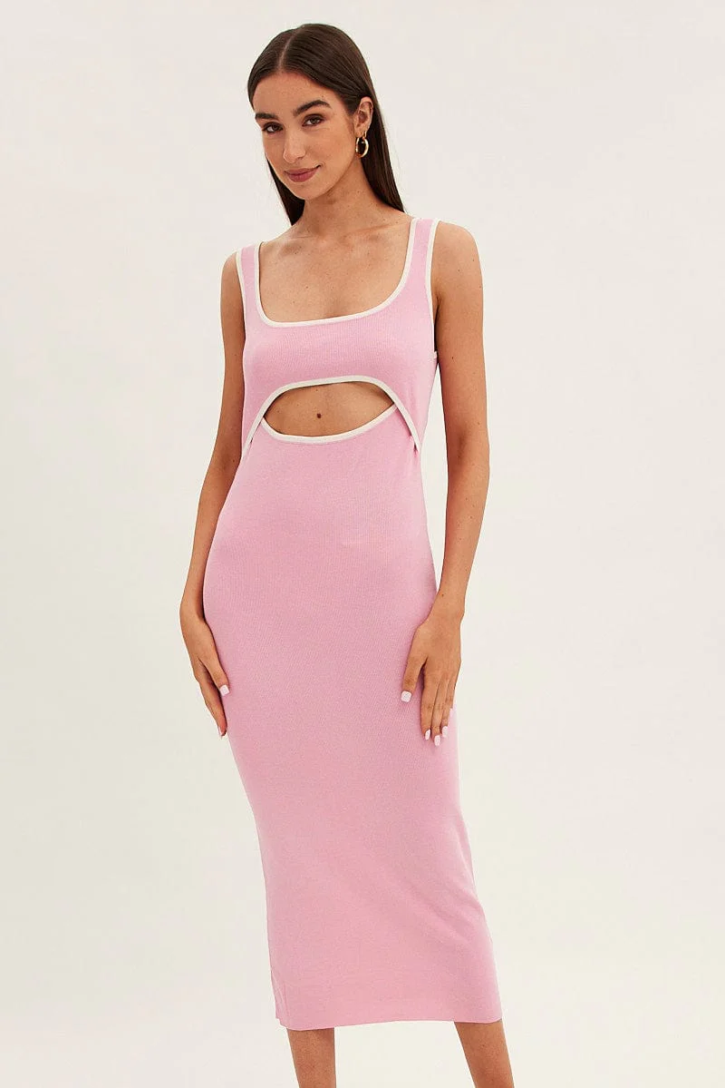 Pink Knit Dress Midi Sleeveless Contrast Binding
