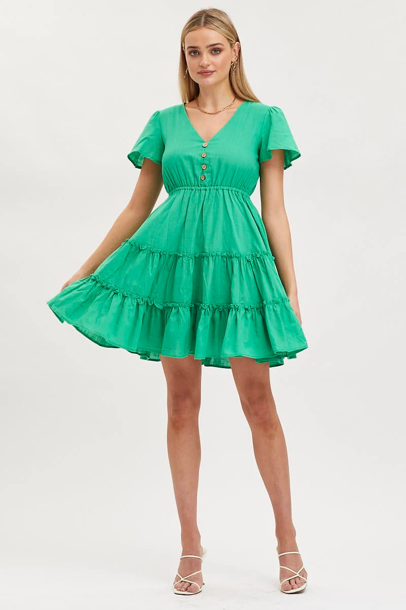 Green Skater Dress Short Sleeve Mini