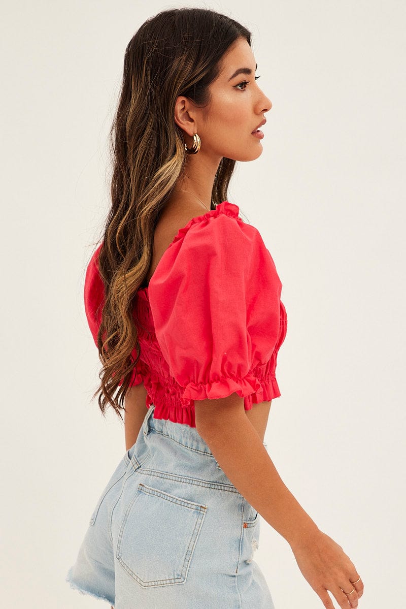 Red Crop Top Short Sleeve Square Neck Linen Blend