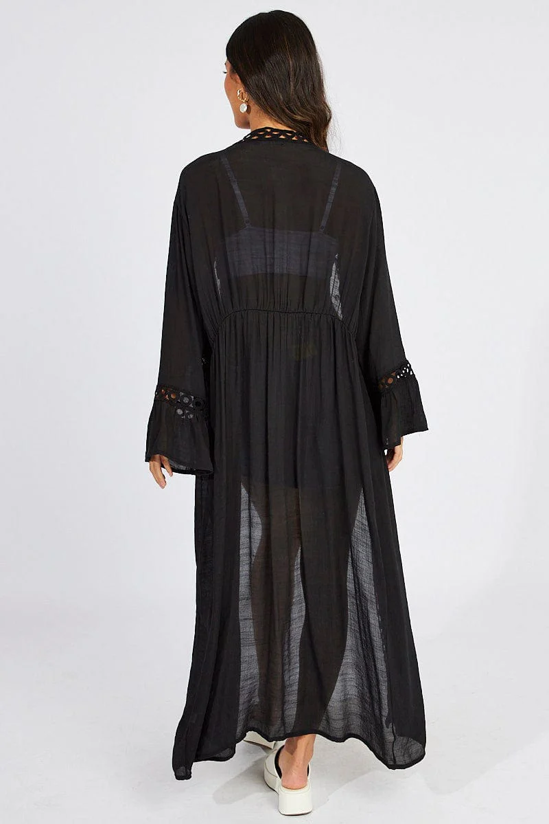 Black Tie Front Kimono Long Sleeve Longline
