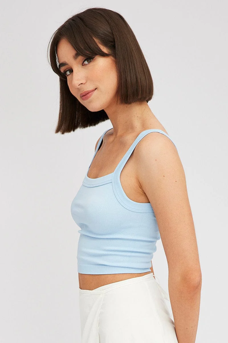 Blue Singlet Top Round Neck Seamles