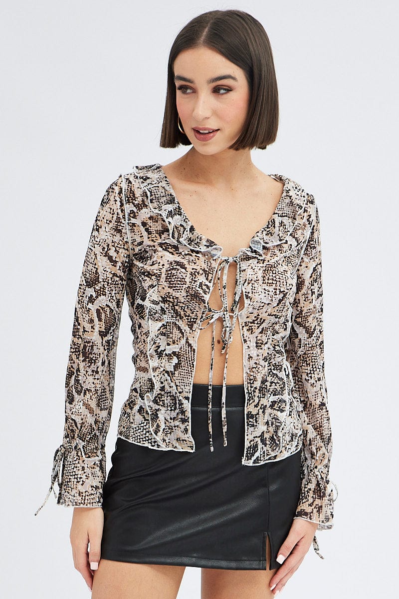 Brown Animal Print Bolero Long Sleeve Ruffle  Snake Print Chiffon
