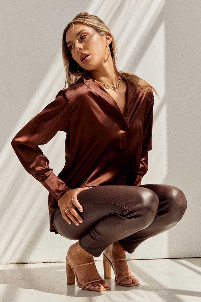 Brown Wet Look Jeans High Rise
