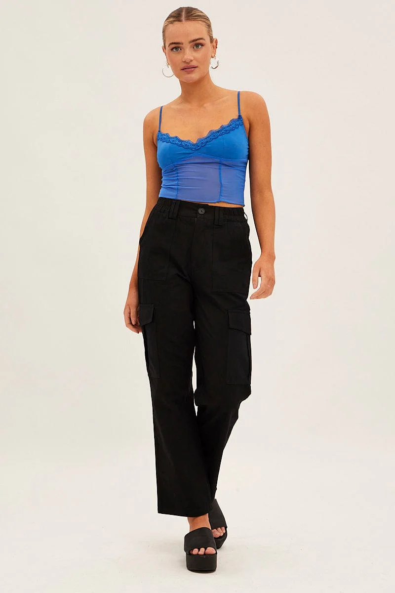 Blue Lace Trim Mesh Cami Top