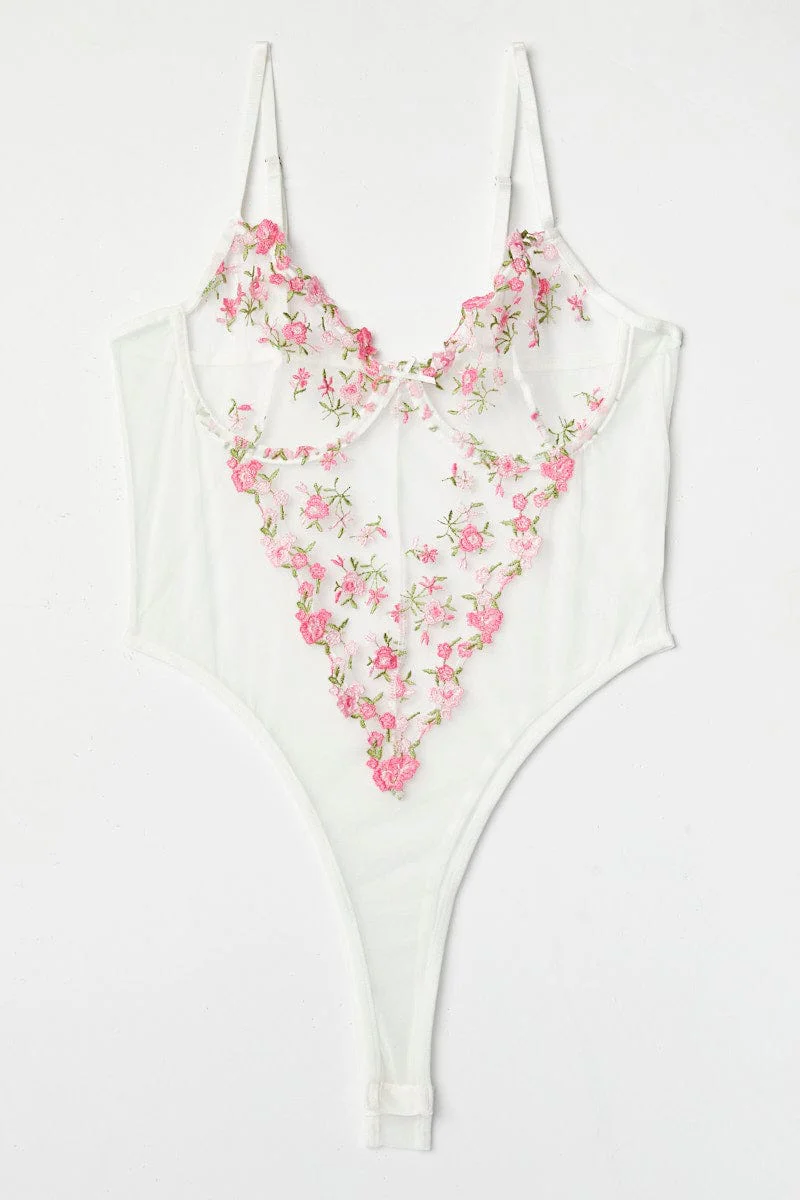Pink Mesh Embroidery One Piece Bodysuit