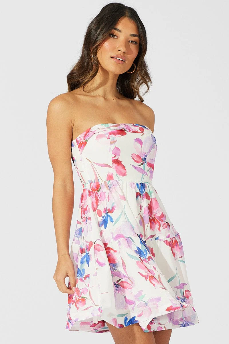 White Floral Fit and Flare Dress Boob Tube