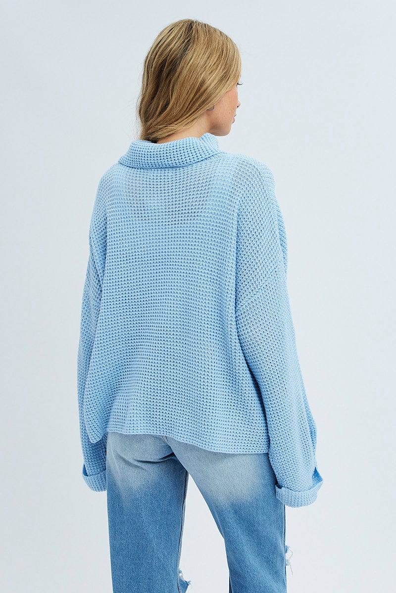Blue Knit Top Long Sleeve Oversized Turtleneck
