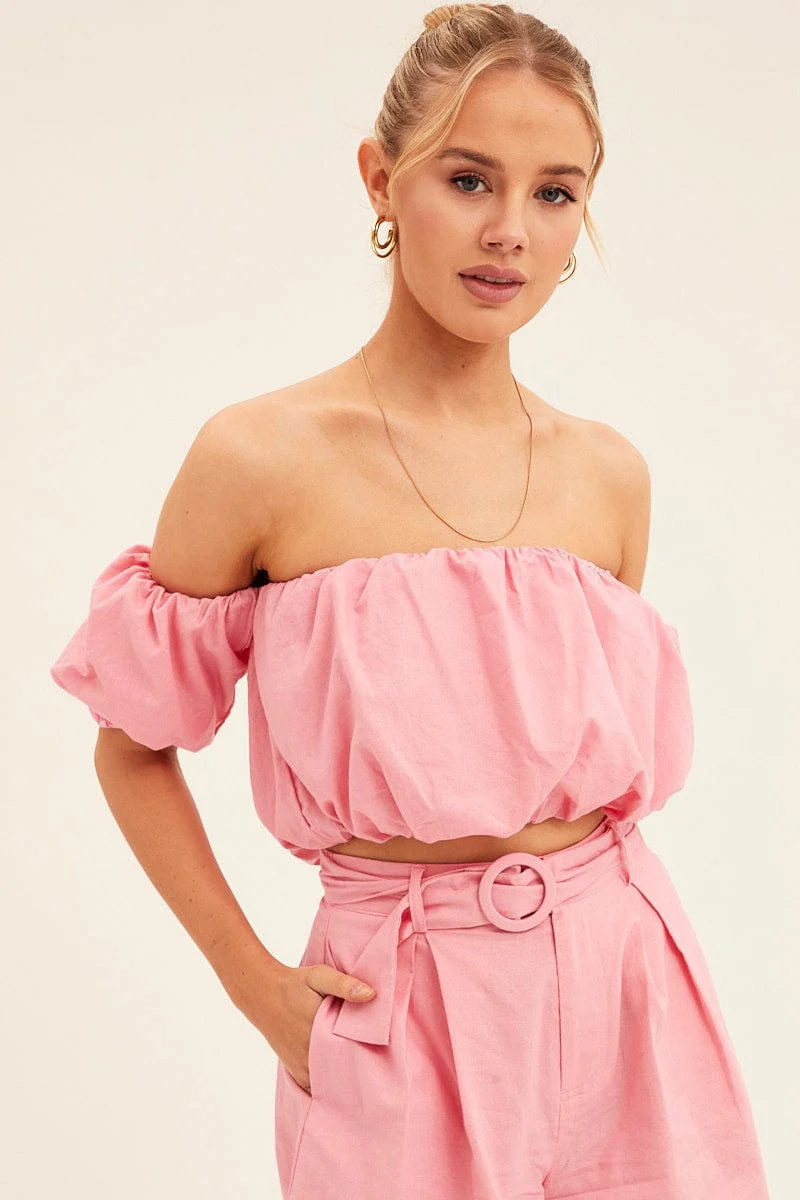 Pink Crop Top Off Shoulder Puff Sleeve