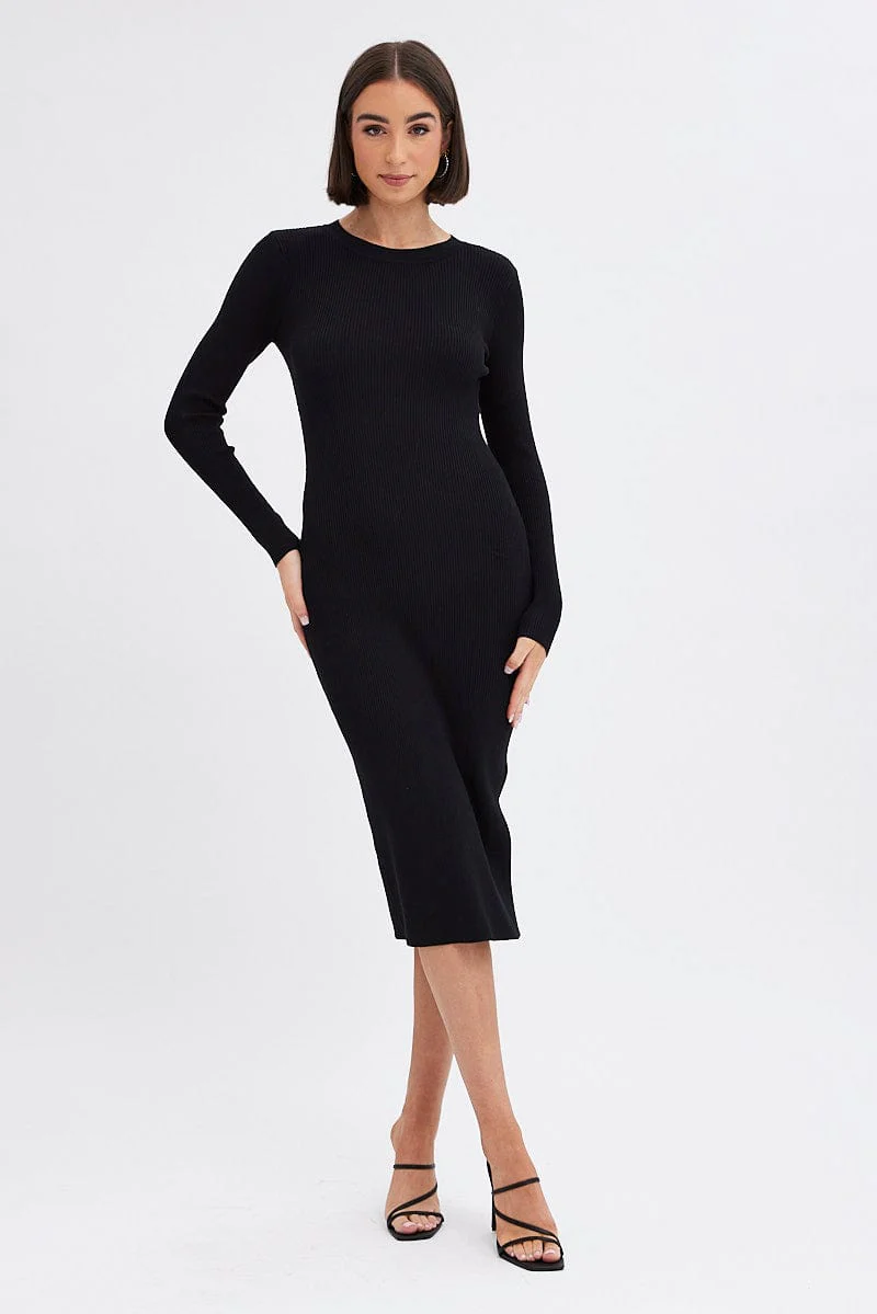 Black Midi Dress Long Sleeve Round Neck Rib Knitted
