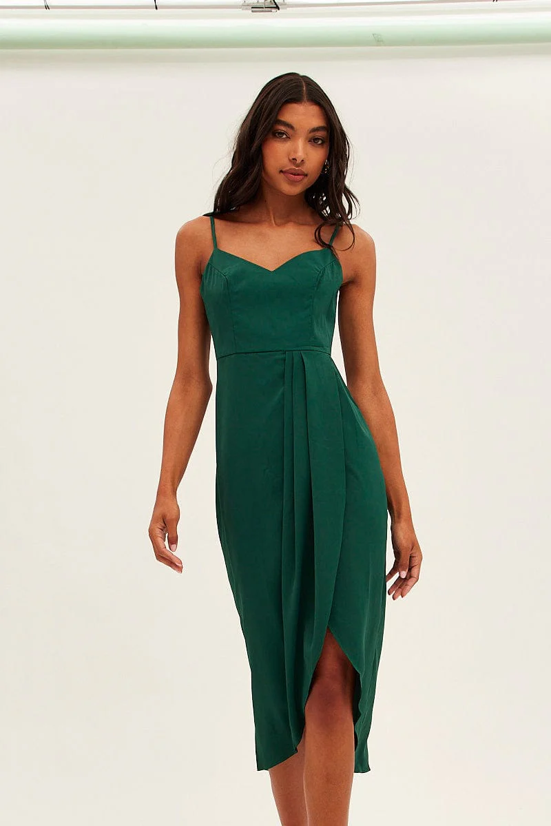Green Midi Dress Sleeveless V Neck Wrap