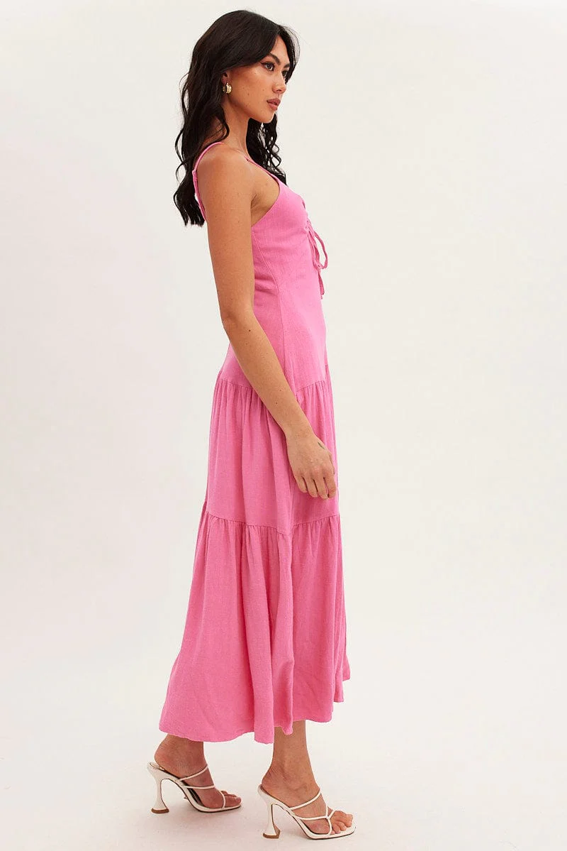 Pink Maxi Dress Sleeveless Tiered Linen Blend