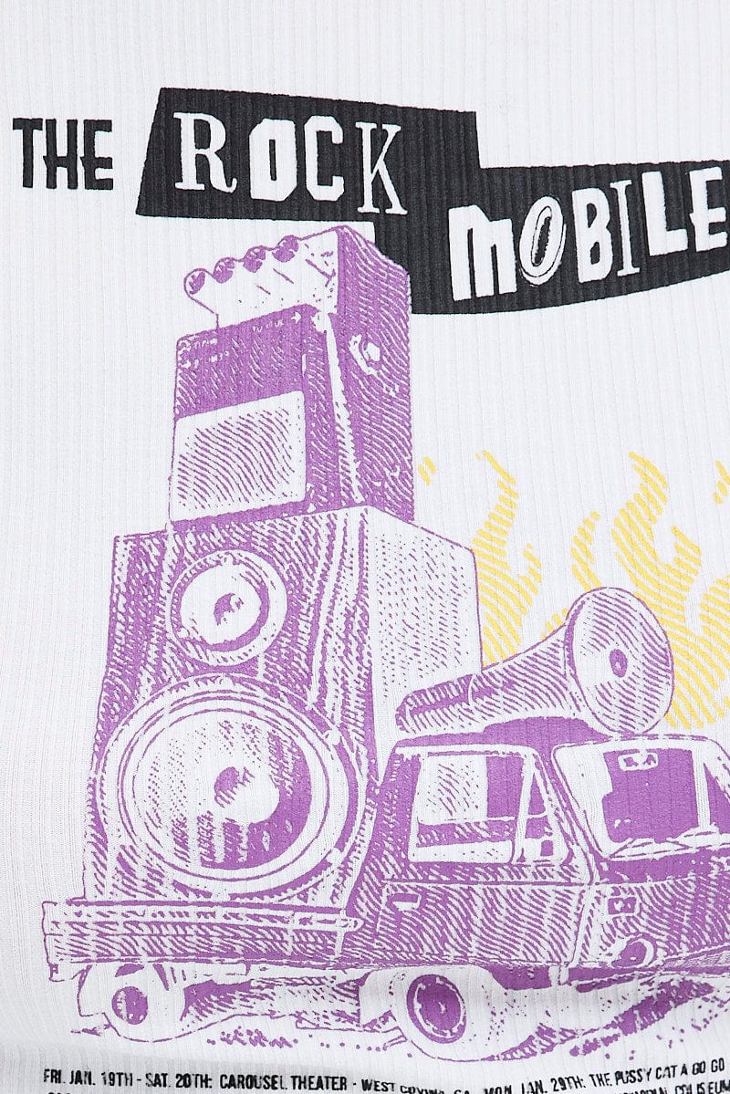 White Top Long Sleeve Crew Neck Longline Rock Graphic