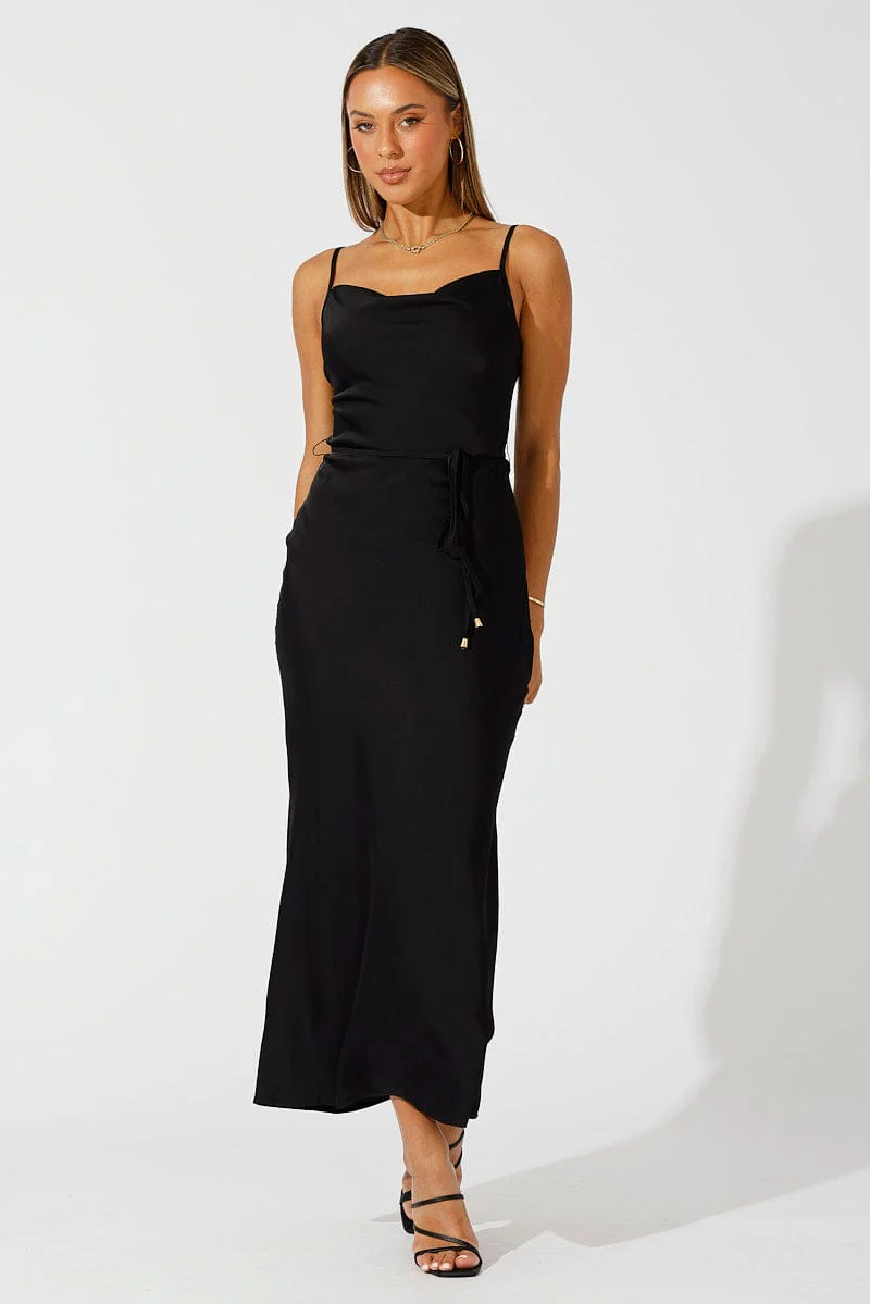 Black Maxi Dress Cowl Neck Satin