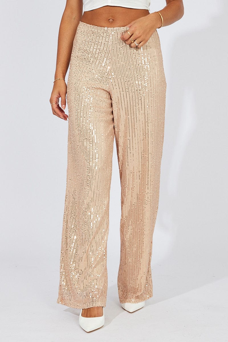 Beige Wide Leg Pants High Rise Sequin