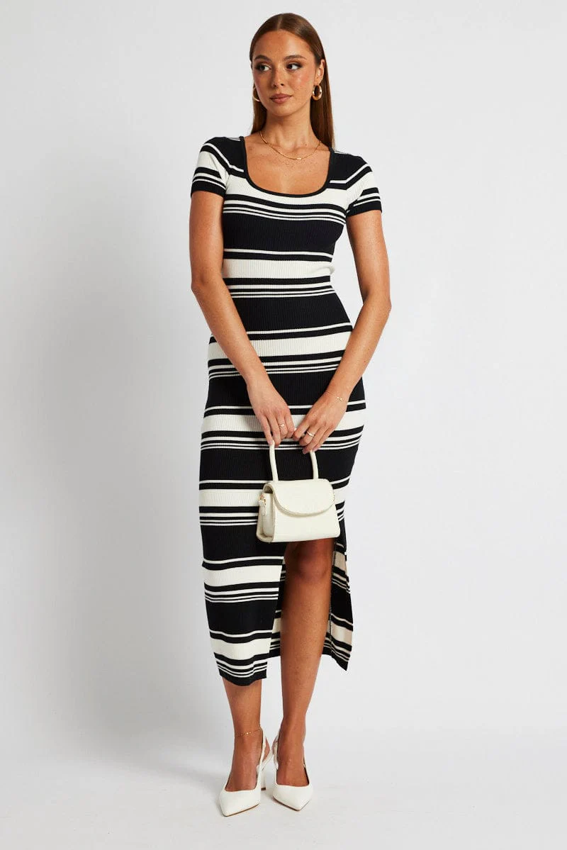 Black Stripe Knit Dress Short Sleeve Bodycon Midi
