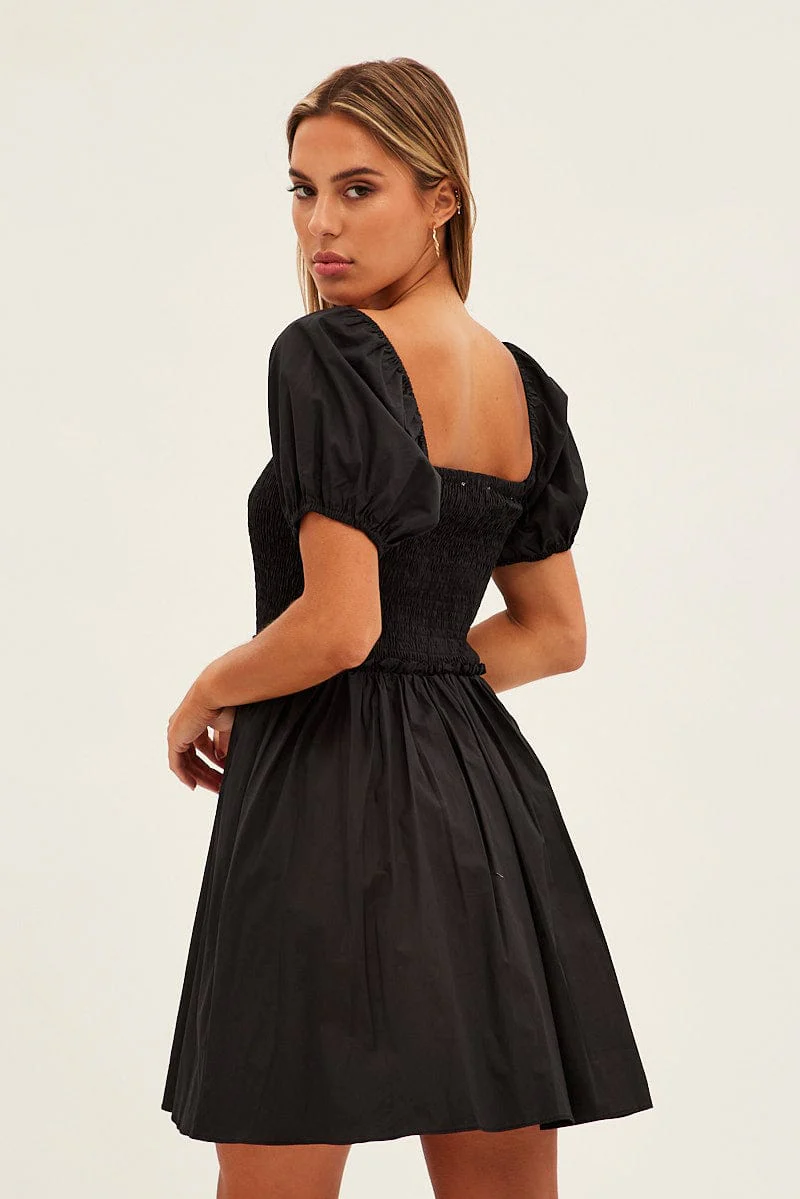 White Fit And Flare Dress Puff Sleeve Mini Poplin