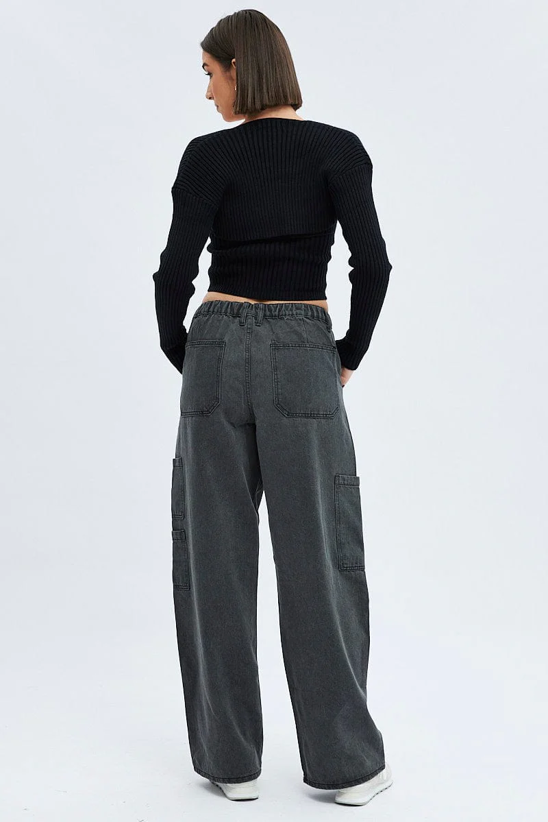 Black Cargo Jean Mid Rise