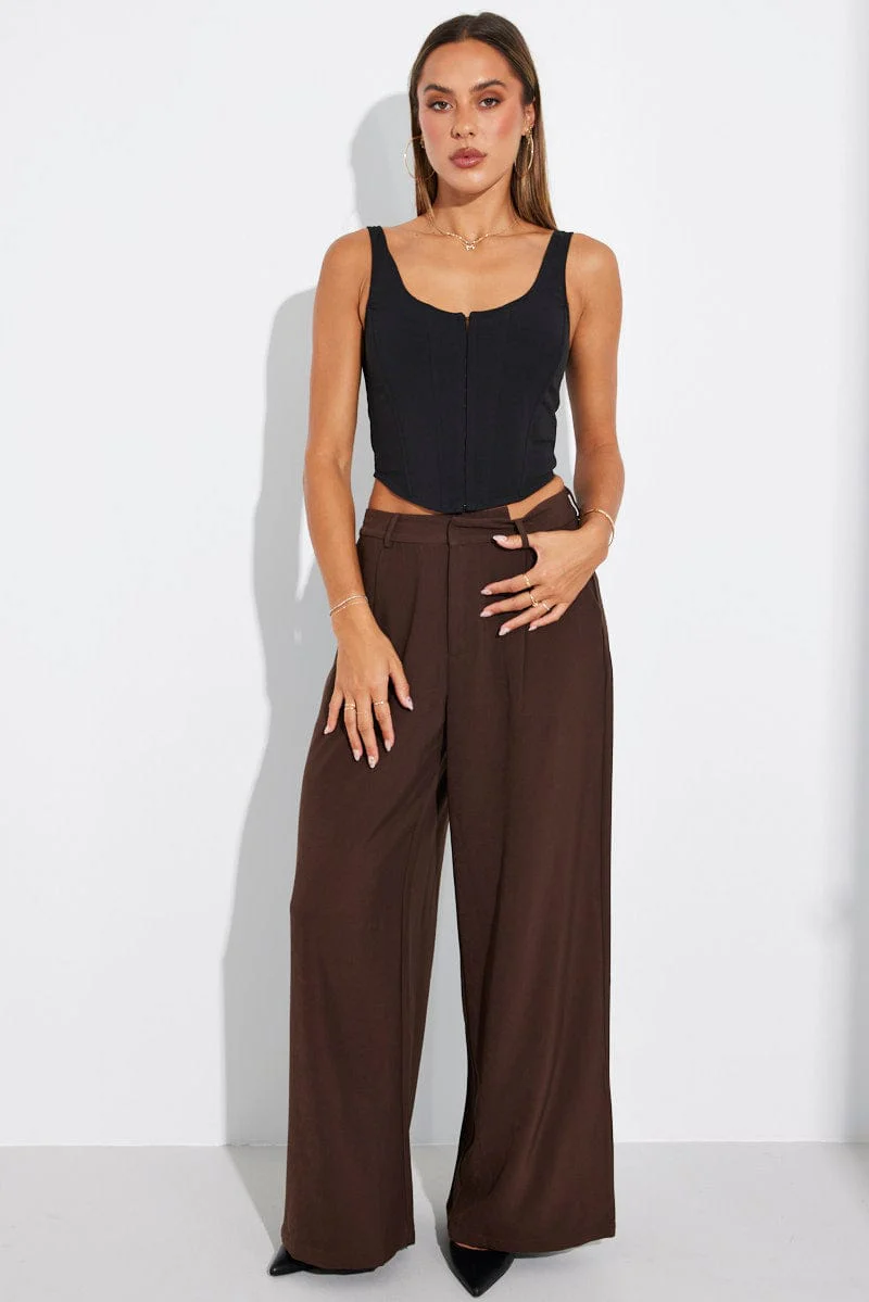 Brown Wide Leg Pants High Rise