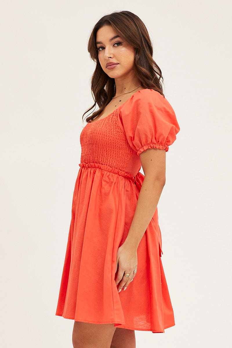 Orange Puff Sleeve Linen Shirred Skater Dress