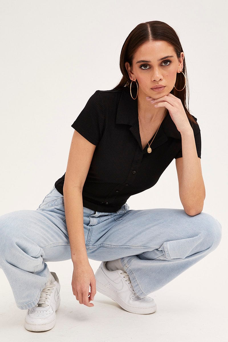 Black Collared Top Short Sleeve Button Up Rib Jersey
