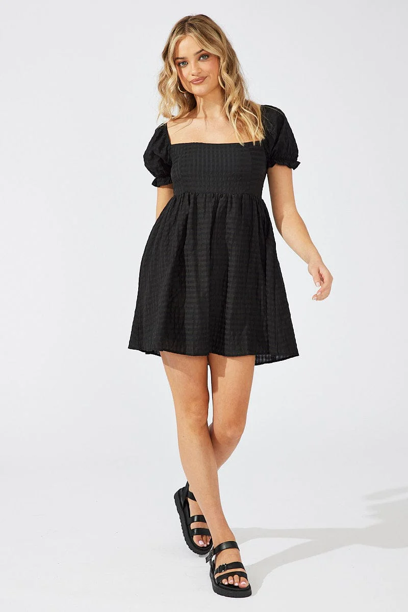 Black Fit and Flare Dress Short Sleeve Self Check