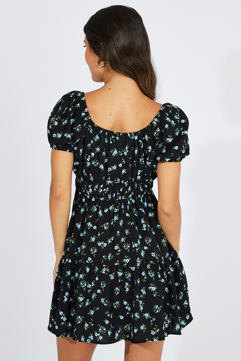 Black Floral Fit And Flare Dress Puff Sleeve Mini