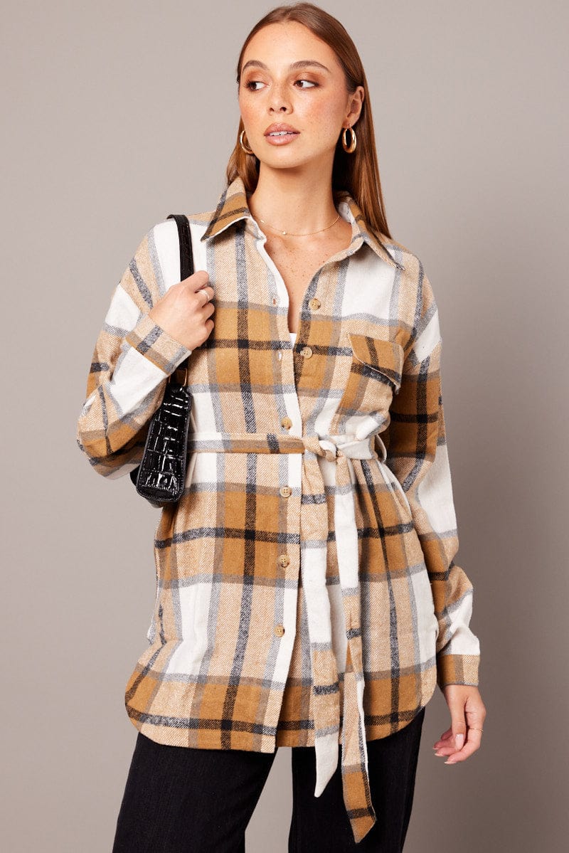 Brown Check Shacket Long Sleeve