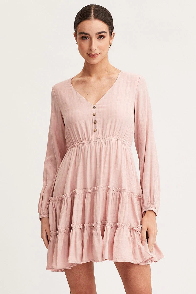 Pink Skater Dress Long Sleeve Mini