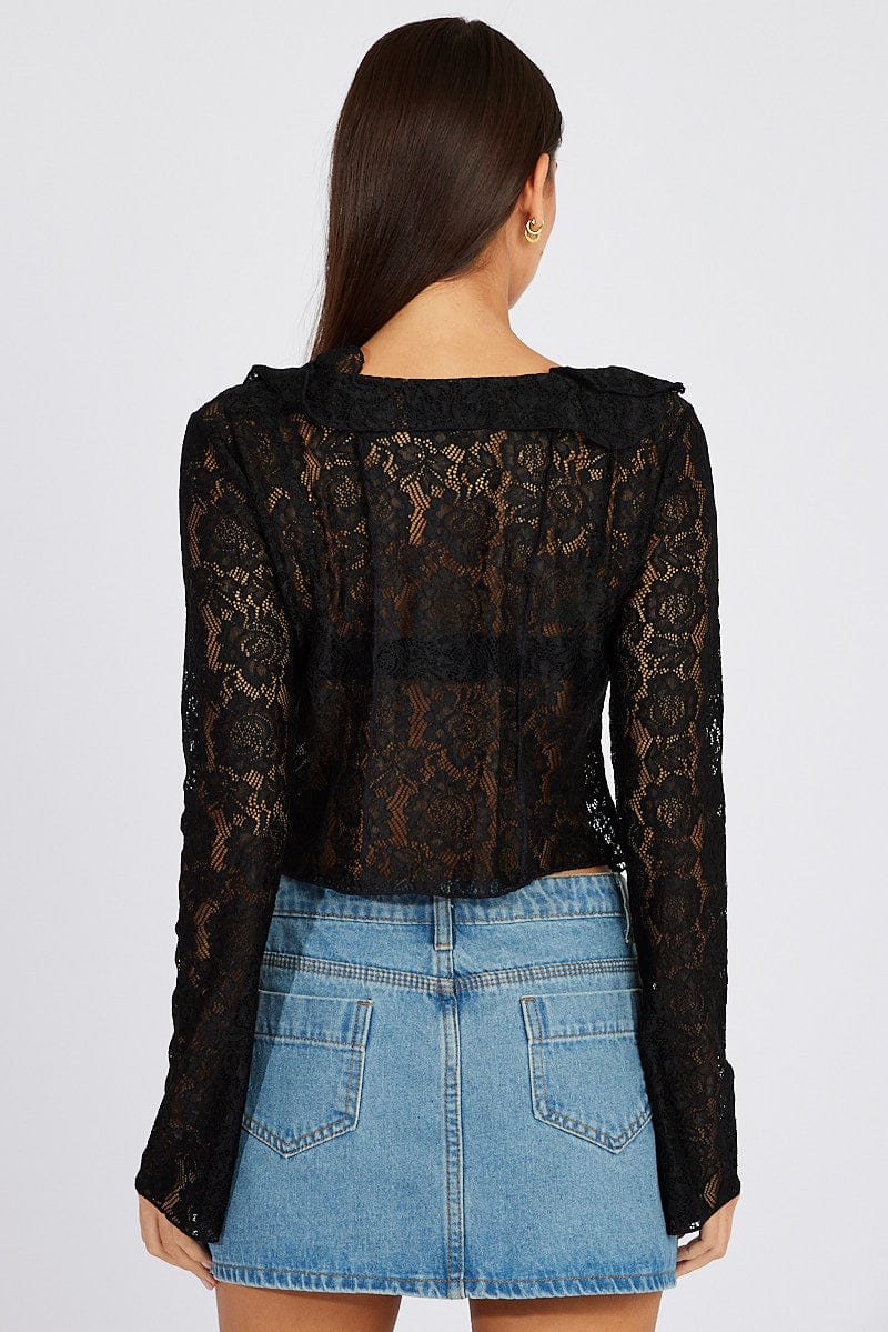 Black Lace Tie Up Top Long Sleeve