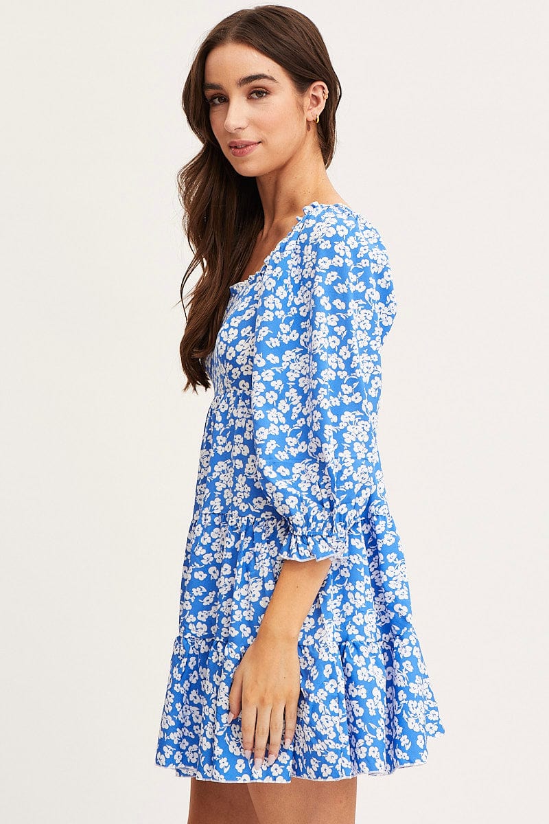 Ditsy Print Fit And Flare Dress Long Sleeve Square Neck